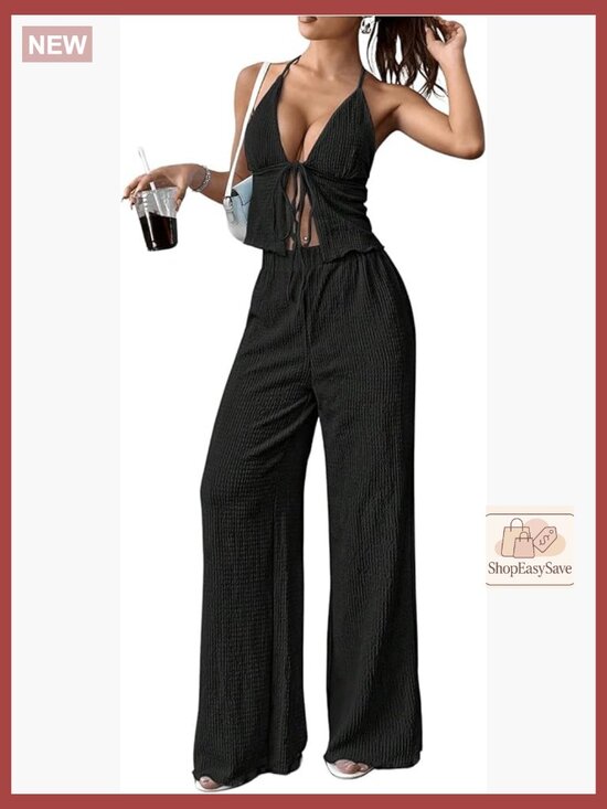 Pants - Sexy 2 Piece Outfit Halter Top and Wide Leg Pants Set Y2K Chic